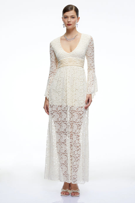 Chloe Maxi Dress Neutral Long Bell Sleeves Lace