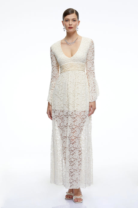 Chloe Maxi Dress Neutral Long Bell Sleeves Lace