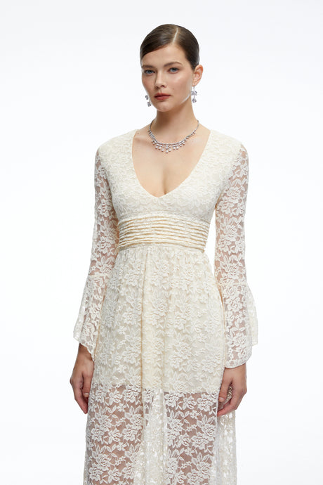 Chloe Maxi Dress Neutral Long Bell Sleeves Lace