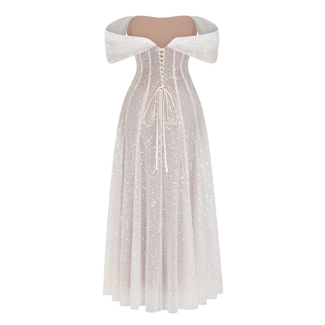 Alma Maxi Dress White Off Shoulder Embellished