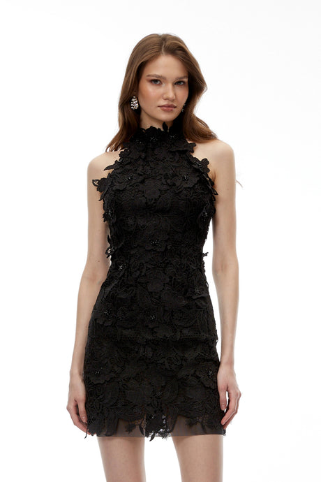 Hattie Mini Dress Black High Neck Lace