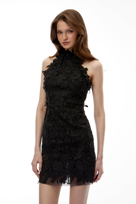 Hattie Mini Dress Black High Neck Lace