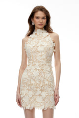 Estelle Neutral High Neck Lace Mini Dress