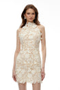 Estelle Neutral High Neck Lace Mini Dress