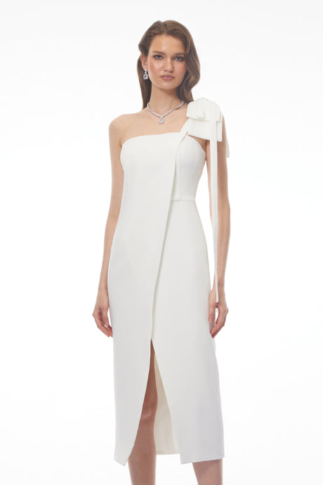 Michelina Midi Dress White Off Shoulder Satin with Bow