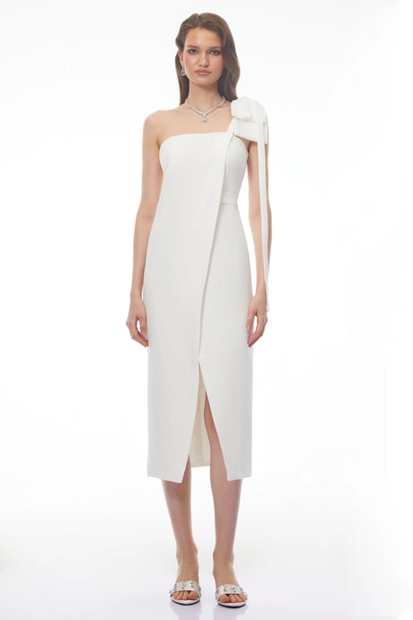 Michelina Midi Dress White Off Shoulder Satin with Bow