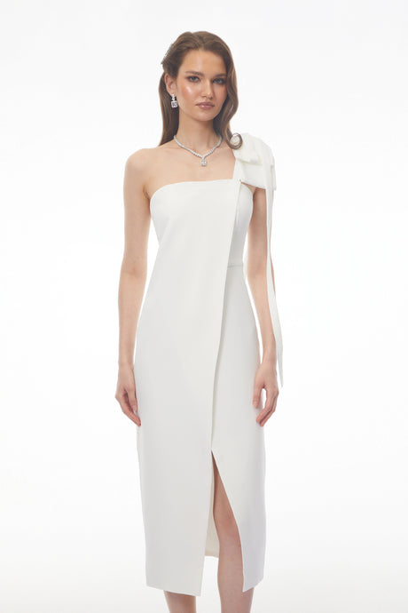Michelina Midi Dress White Off Shoulder Satin with Bow