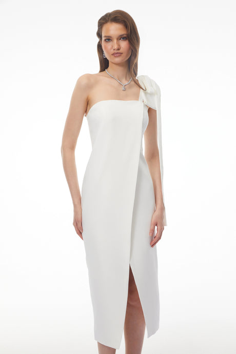 Michelina Midi Dress White Off Shoulder Satin with Bow