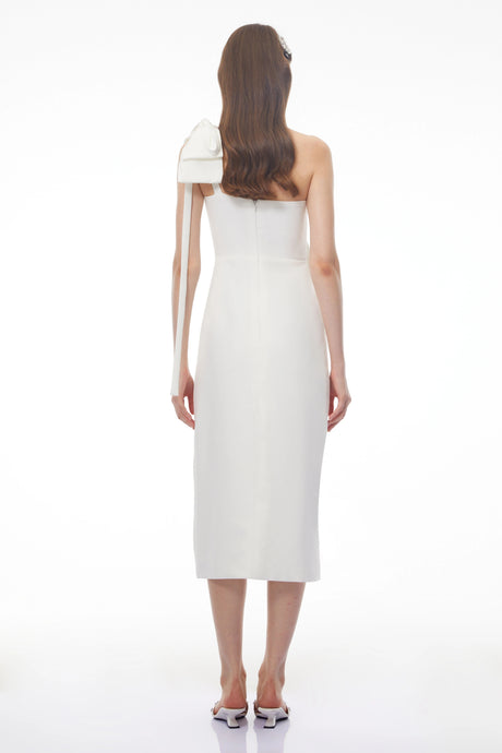 Michelina Midi Dress White Off Shoulder Satin with Bow