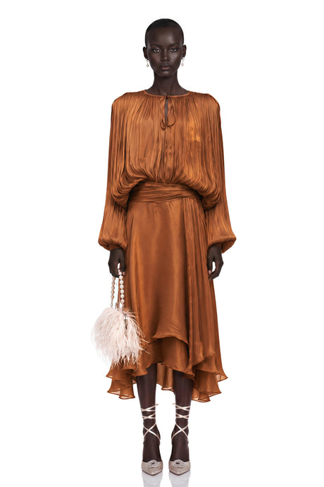 Fabiola Maxi Dress Pleated Ruffle in Brown