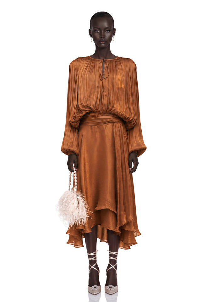 Eugénie Pleated Ruffle Maxi Dress in Brown