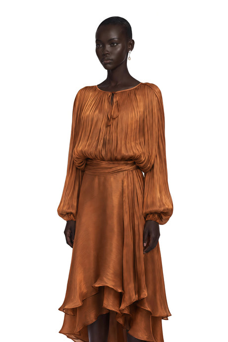 Fabiola Maxi Dress Pleated Ruffle in Brown