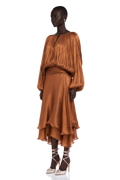 Fabiola Maxi Dress Pleated Ruffle in Brown