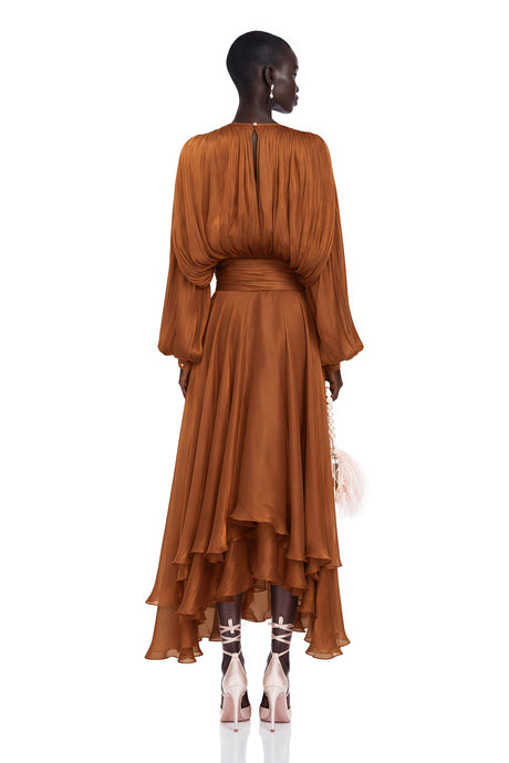 Fabiola Maxi Dress Pleated Ruffle in Brown