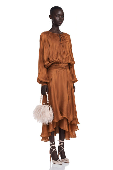Fabiola Maxi Dress Pleated Ruffle in Brown