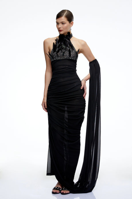 Rose Maxi Dress Black Halterneck Ruched with 3D Florals