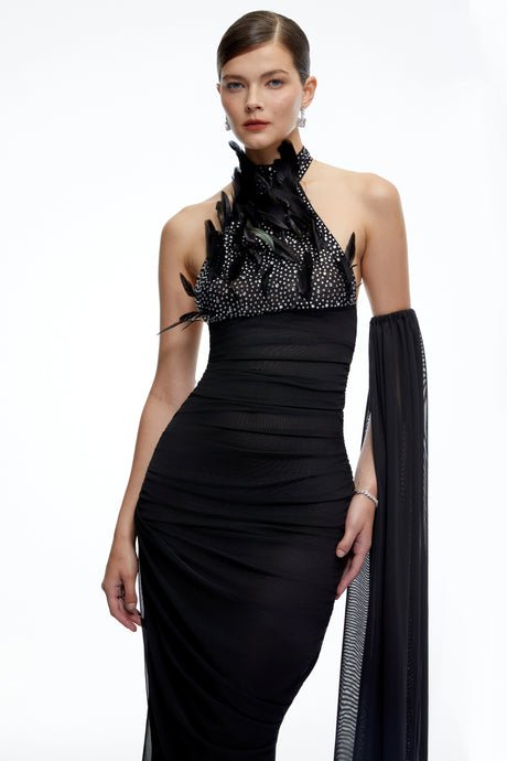 Rose Maxi Dress Black Halterneck Ruched with 3D Florals