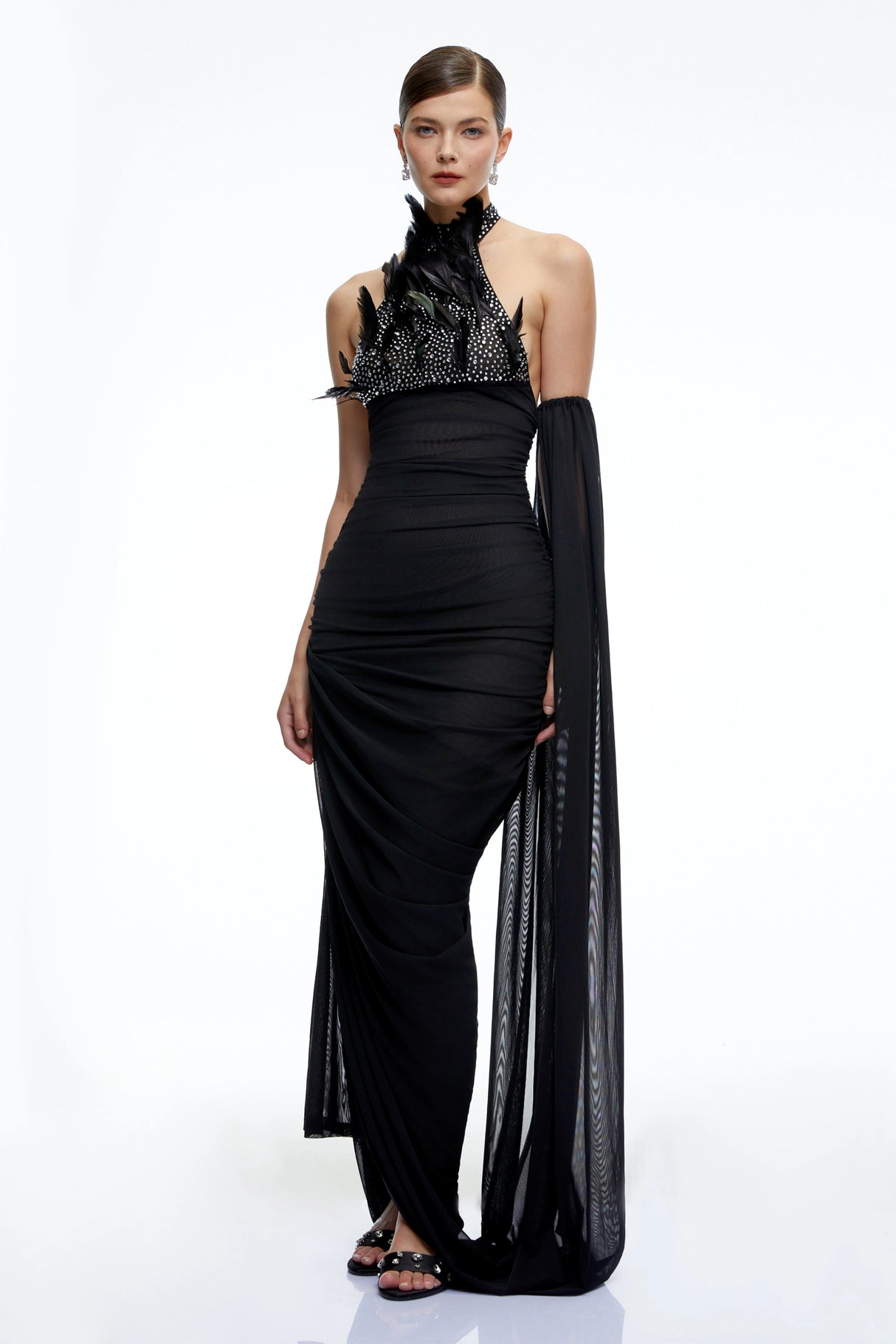 Eulalie Black Halterneck Ruched Maxi Dress with 3D Florals