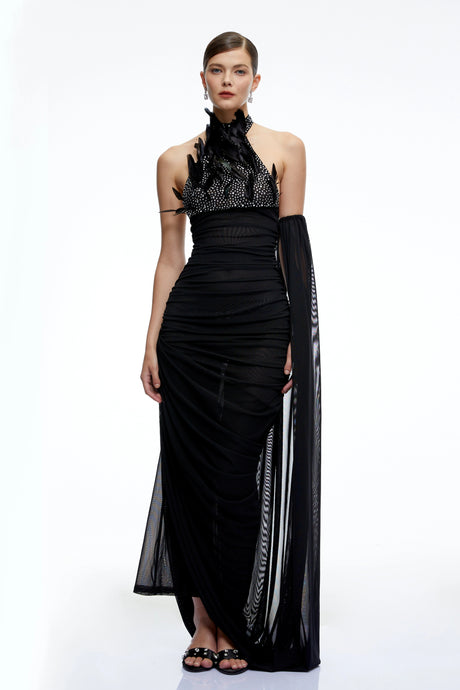 Rose Maxi Dress Black Halterneck Ruched with 3D Florals