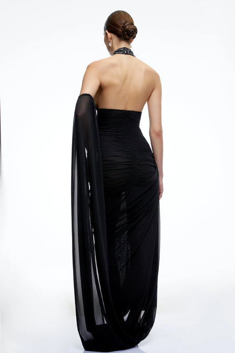 Rose Maxi Dress Black Halterneck Ruched with 3D Florals