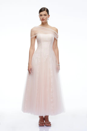 Eulalie Pink Tulle Maxi Dress With Shawl