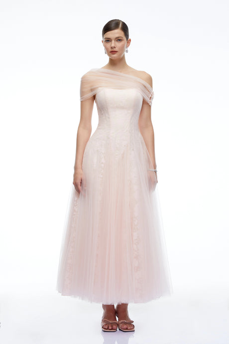 Antonietta Maxi Dress Pink Tulle With Shawl