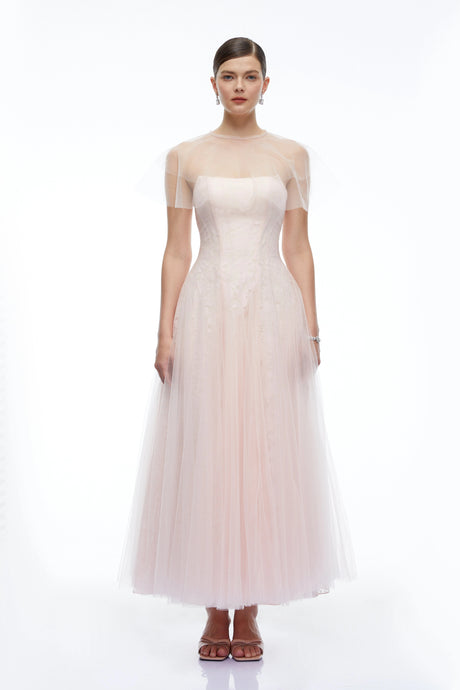 Antonietta Maxi Dress Pink Tulle With Shawl