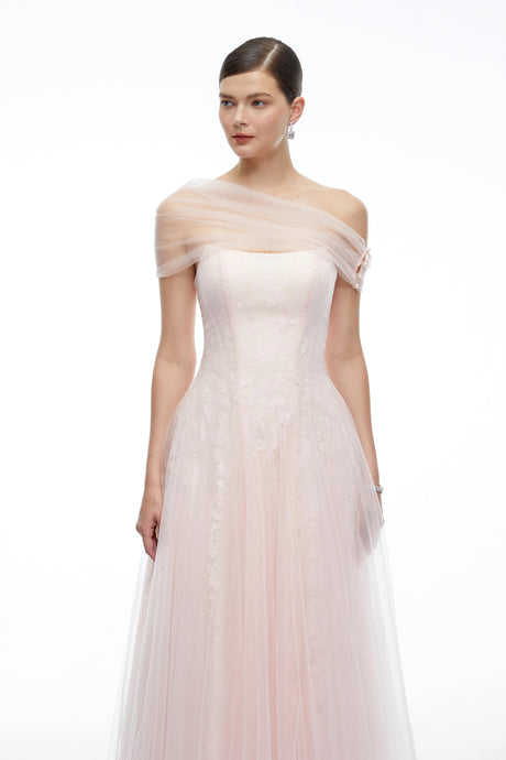 Antonietta Maxi Dress Pink Tulle With Shawl