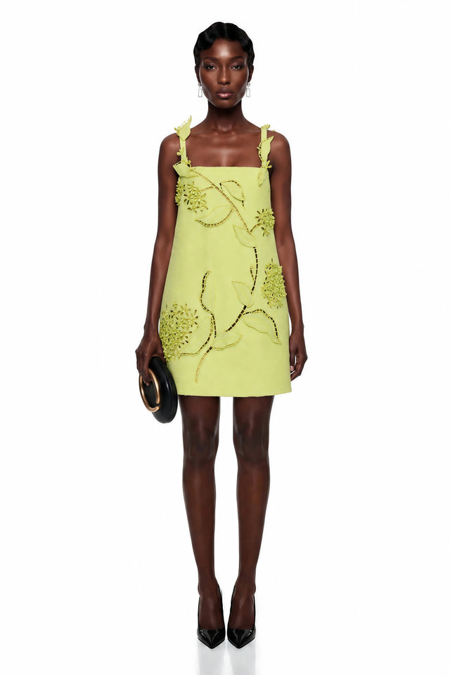 Eunice Chartreuse Floral Applique Mini Dress