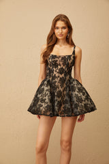 Euphemia Black Floral Lace Mini Dress