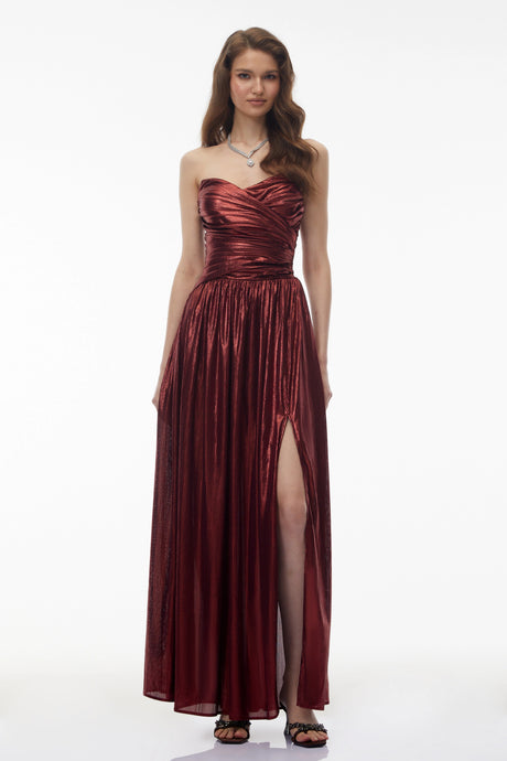 Elisa Maxi Dress Red Off Shoulder Ruched High Slit