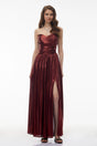 Eurydice Red Off Shoulder Ruched High Slit Maxi Dress