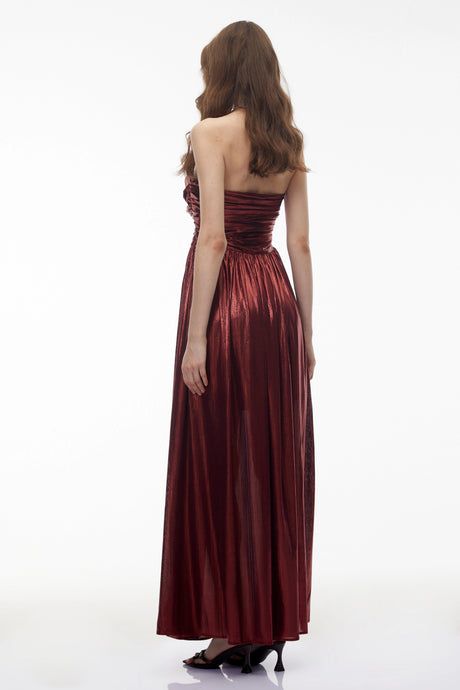 Elisa Maxi Dress Red Off Shoulder Ruched High Slit