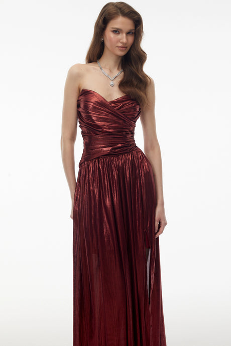 Elisa Maxi Dress Red Off Shoulder Ruched High Slit