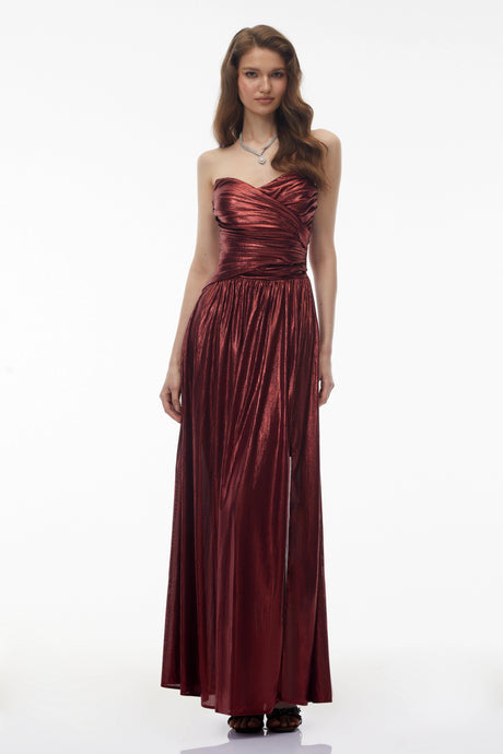 Elisa Maxi Dress Red Off Shoulder Ruched High Slit