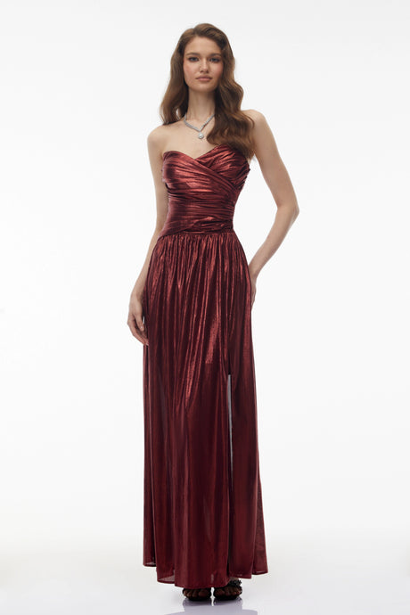 Elisa Maxi Dress Red Off Shoulder Ruched High Slit