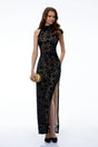 Eva Black Asymmetrical Floral Lace Maxi Dress with High Slit