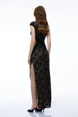Eva Black Asymmetrical Floral Lace Maxi Dress with High Slit