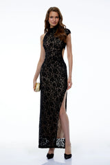 Eva Black Asymmetrical Floral Lace Maxi Dress with High Slit