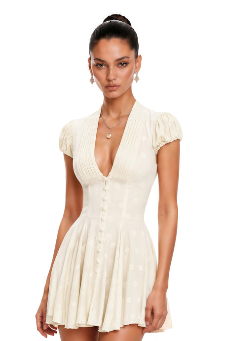 Johanna Mini Dress Neutrals V-Neck Pleated Button Down