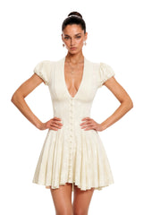 Eva Neutrals VNeck Pleated Button Down Mini Dress