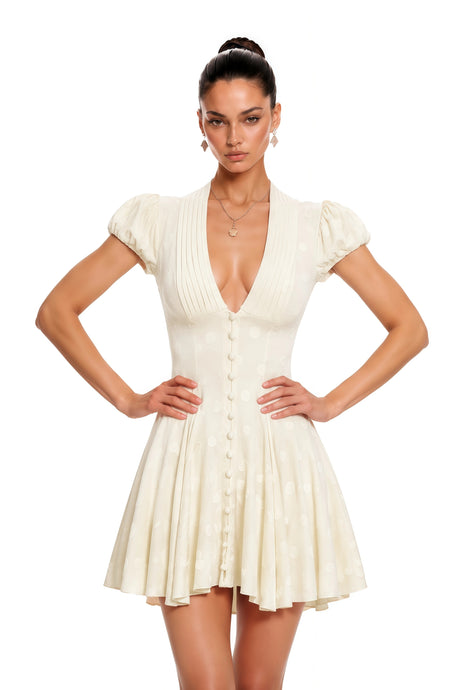 Johanna Mini Dress Neutrals V-Neck Pleated Button Down