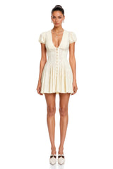 Eva Neutrals VNeck Pleated Button Down Mini Dress