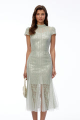 Eva Sage Green Mock Neck Lace Midi Dress