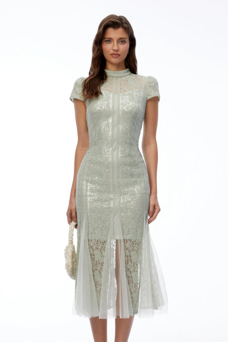 Karina Midi Dress Sage Green Mock Neck Lace