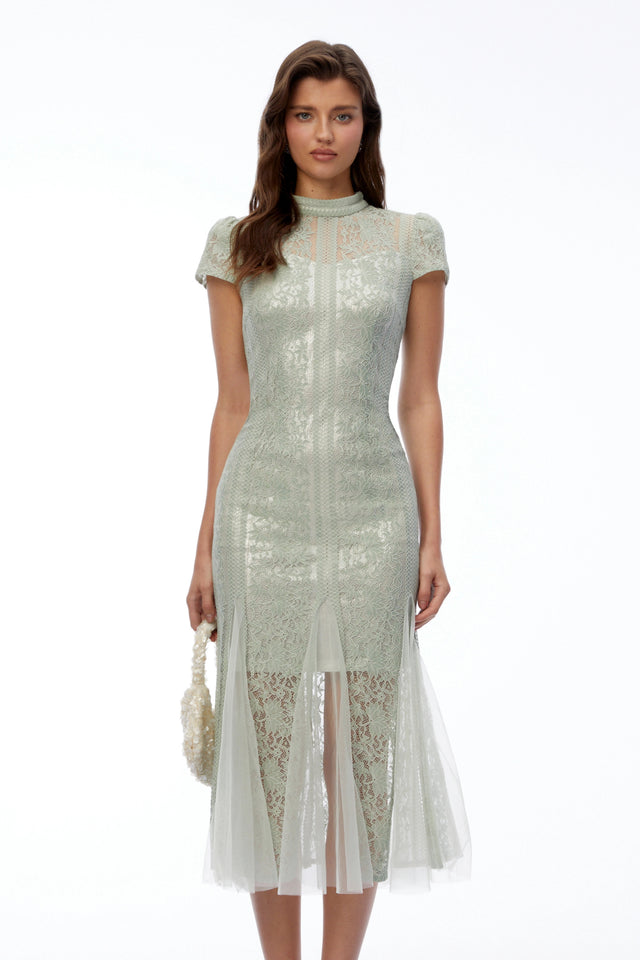 Eva Sage Green Mock Neck Lace Midi Dress