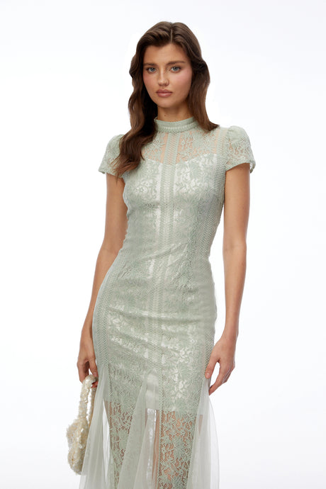 Karina Midi Dress Sage Green Mock Neck Lace