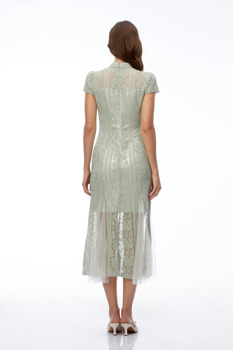 Karina Midi Dress Sage Green Mock Neck Lace