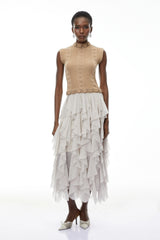 Evangeline Khaki Asymmetrical Ruffled Maxi Dress
