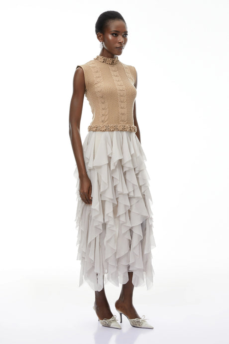 Fiorenza Maxi Dress Khaki Asymmetrical Ruffled